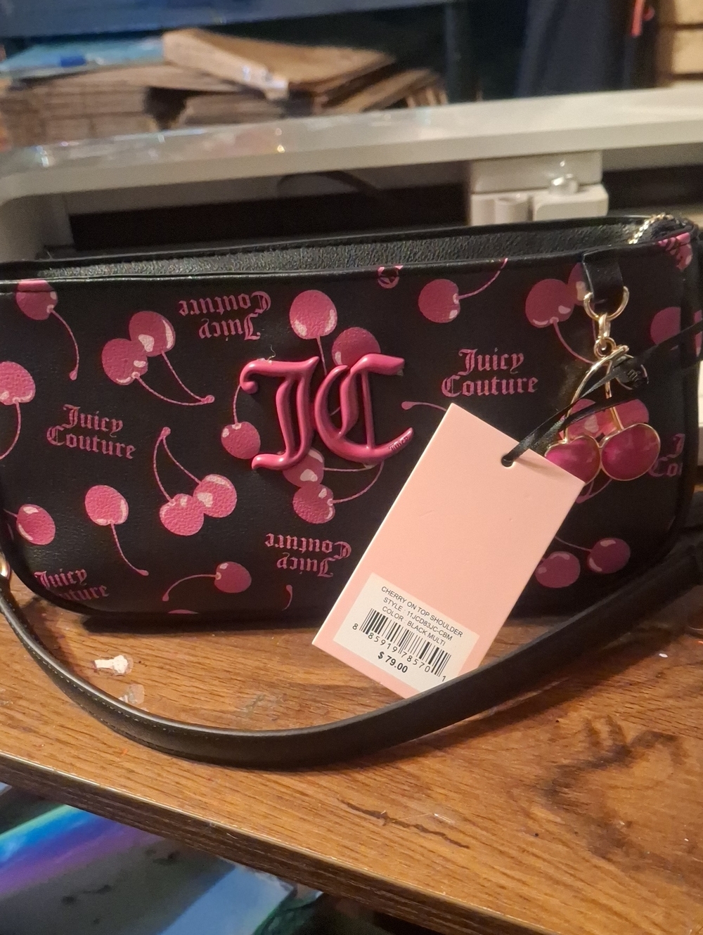 Juicy Couture Black Shoulder Bag with Pink Cherry Print